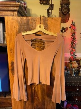 Women's Bell Sleeve V-Neck Top with Lace-Up Back - soft light brown taupe color